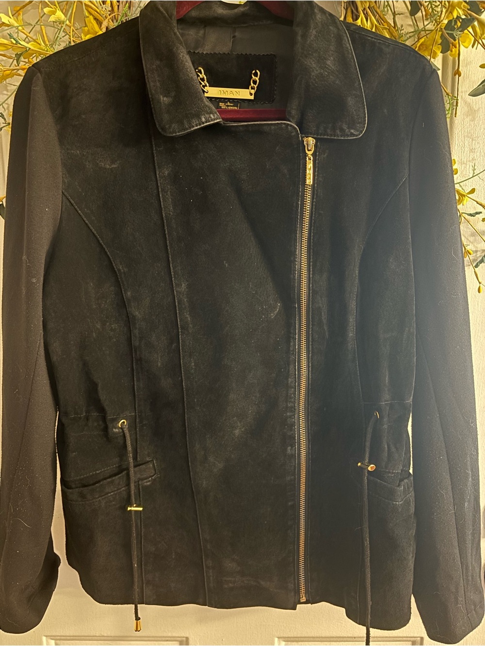 IMAN Black Suede Zip-Front Jacket with Gold Hardware
